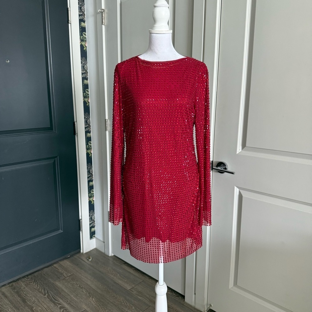 Zara Red Beaded Long Sleeve Holiday Party Dress Size M